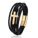 Multi Pulseira Cruz Couro Legítimo Inoxidável