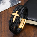 Multi Pulseira Cruz Couro Legítimo Inoxidável